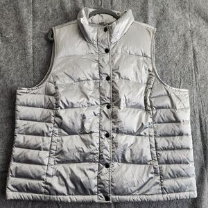 Lands End Vintage Down Puffer Vest Women's 2X 20W-22W Silver Full Zip Snap Quilt